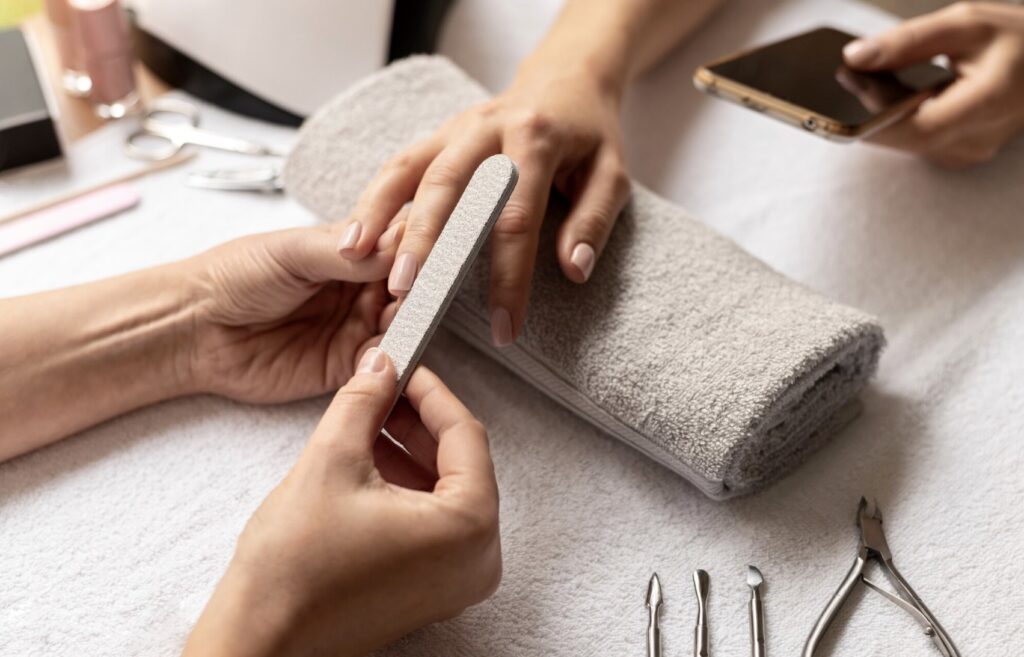 Manicurist is filing the nails of a girl whose hand is lying on a towel roll. The girl is holding a phone with her other hand, and manicure supplies are lying nearby.