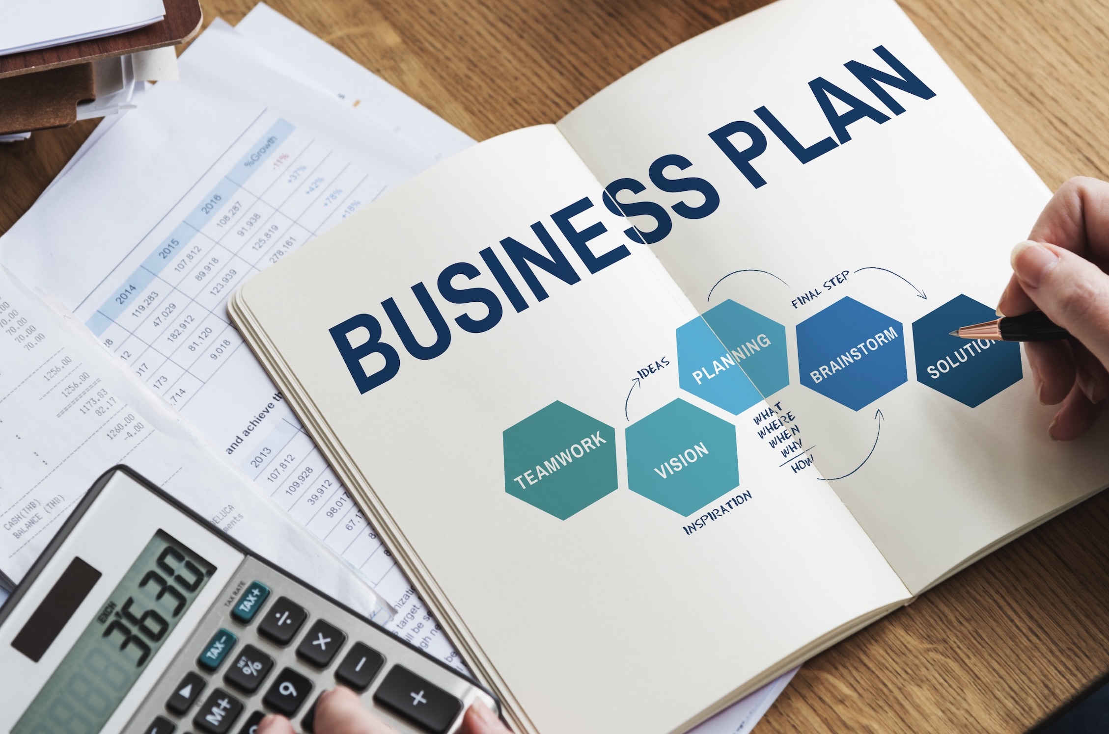 Person holding a pen and using a calculator, with an open notebook on the table showing a business plan and outlined steps.