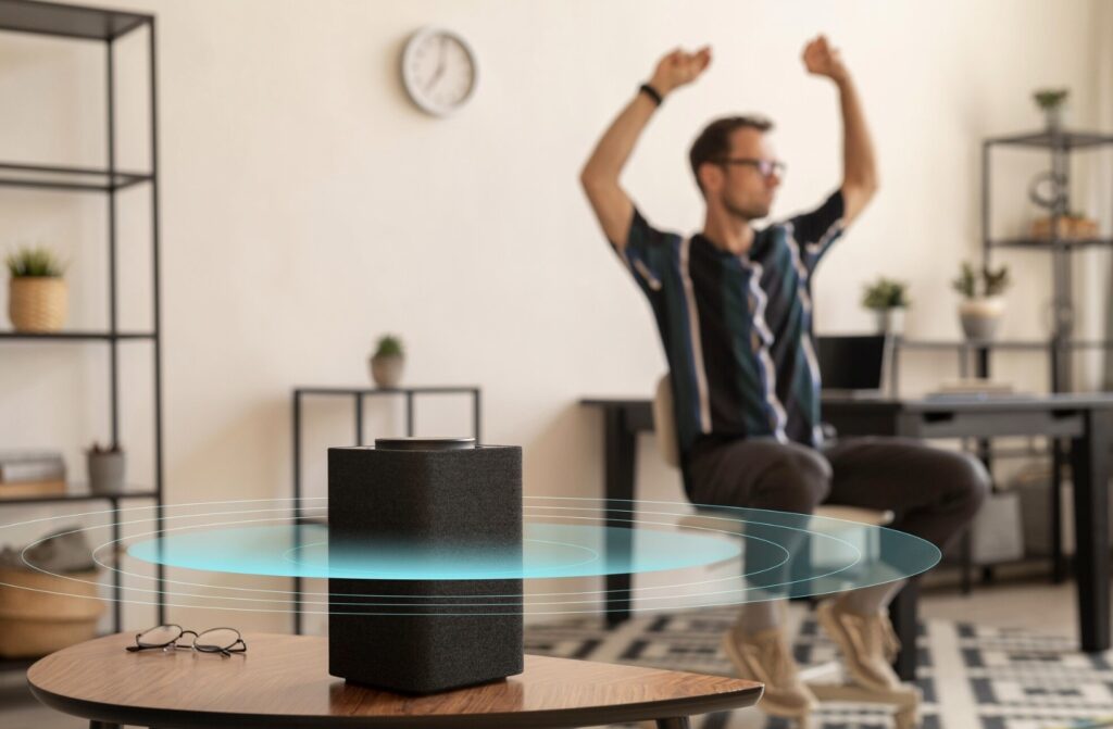 Stereo speaker on a small table with green circular sound waves, glasses nearby, blurred background with tables, chairs, shelves, and a young man dancing with raised hands.