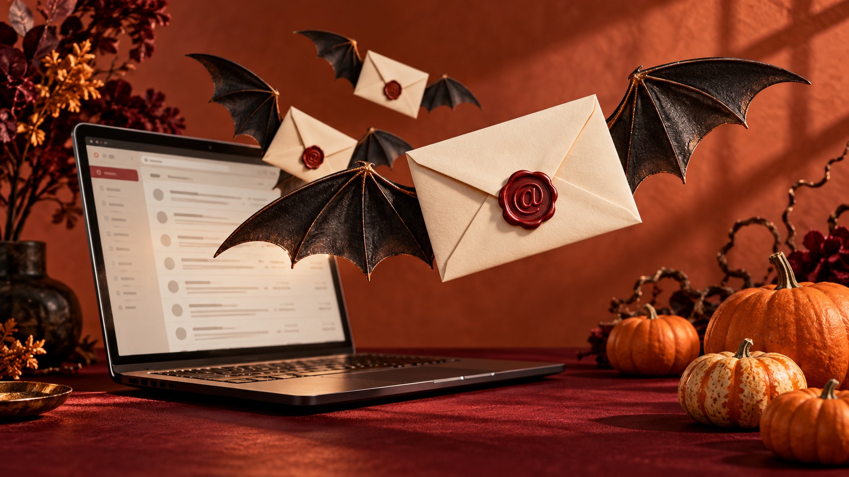 Envelopes with bat wings and red wax seals fly out of a laptop screen displaying an email inbox on a desk decorated with pumpkins for a Halloween email marketing campaign.