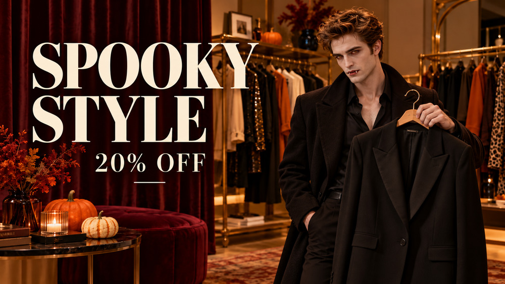 A man dressed as a vampire holds a black blazer in a clothing boutique with a "SPOOKY STYLE 20% OFF" promotional text overlay.