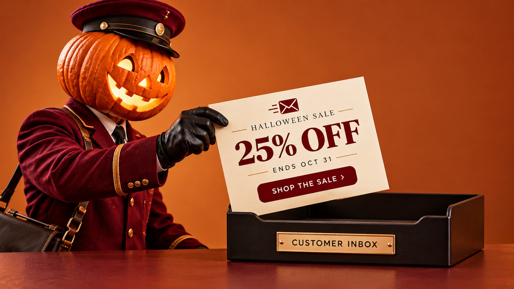 A postman with a glowing jack-o'-lantern head places a "HALLOWEEN SALE 25% OFF" promotional card into a black tray labeled "CUSTOMER INBOX."