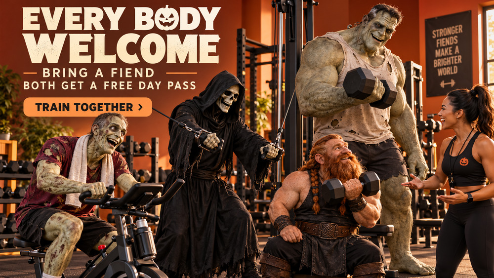 Classic monsters including a zombie, grim reaper, Frankenstein's monster, and a dwarf work out in a gym next to a promotional text overlay that reads "EVERY BODY WELCOME - BRING A FIEND BOTH GET A FREE DAY PASS".