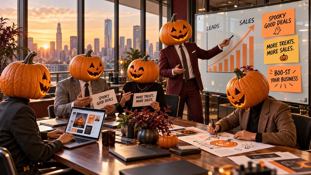 A professional business meeting in a high-rise office at sunset where all coworkers have carved jack-o'-lantern pumpkins for heads, focusing on a marketing presentation with graphs and Halloween-themed slogans.