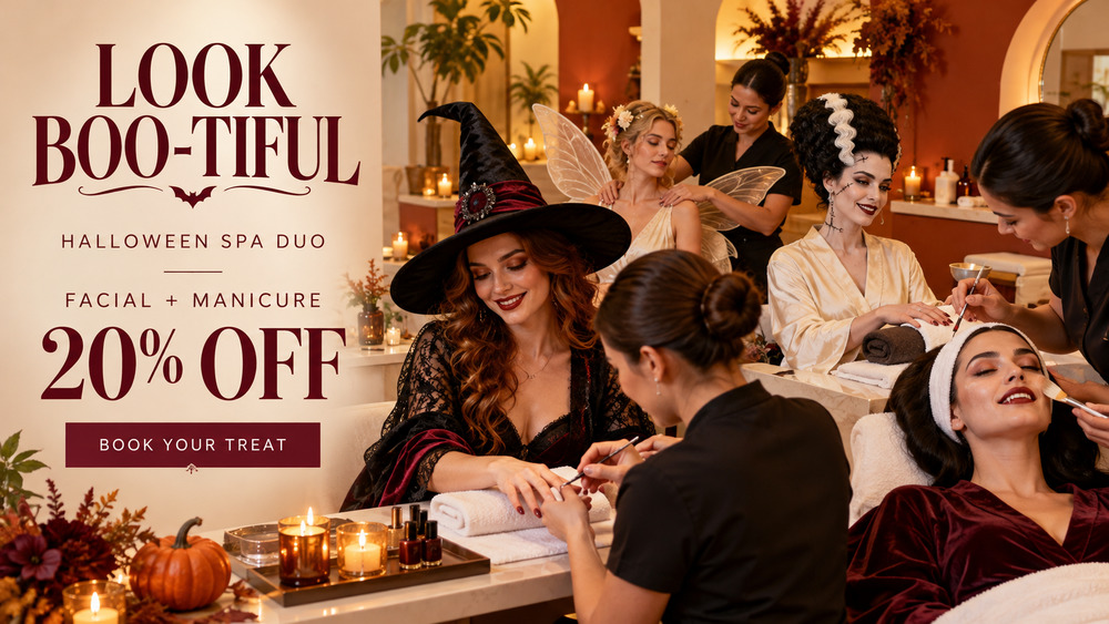 Women dressed in Halloween costumes, including a witch, a fairy, and the Bride of Frankenstein, receive spa treatments alongside a promotional text overlay reading "LOOK BOO-TIFUL HALLOWEEN SPA DUO FACIAL + MANICURE 20% OFF".