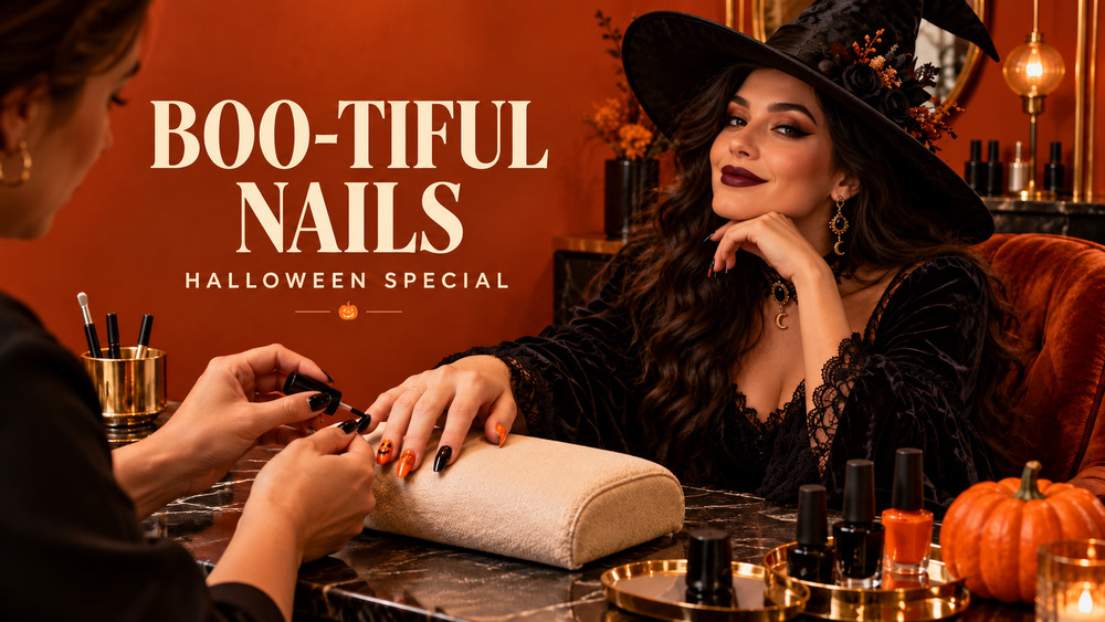 A woman dressed as a witch gets an orange and black themed Halloween manicure at a salon, with the text "BOO-TIFUL NAILS HALLOWEEN SPECIAL" overlaid on the image.