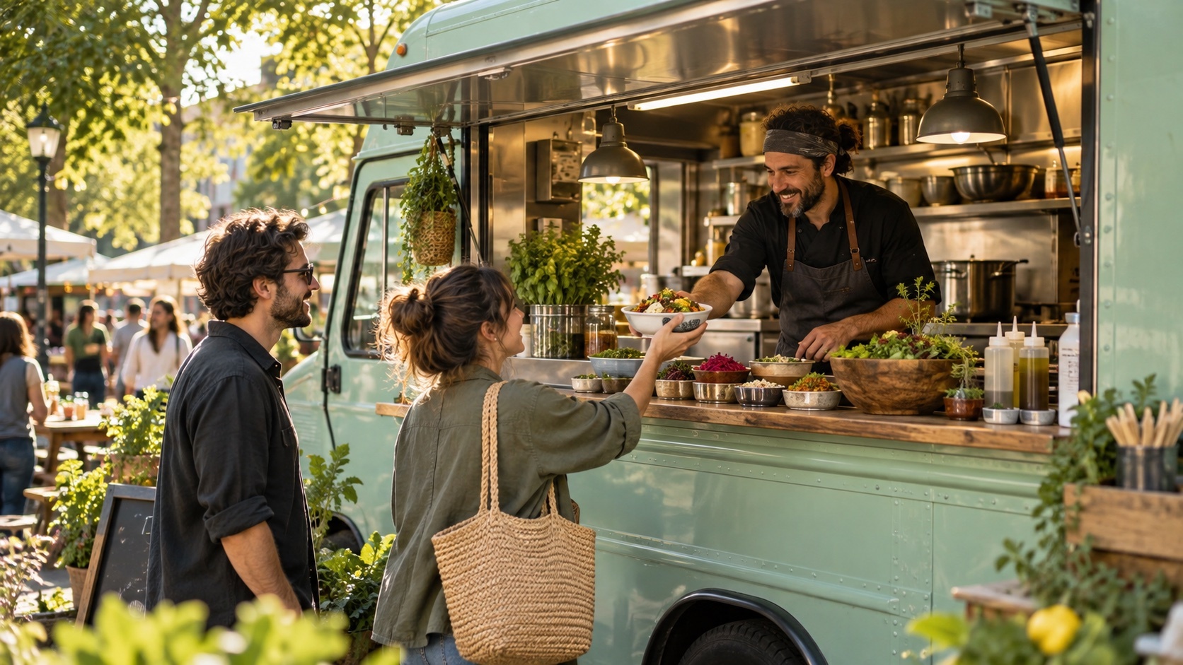 An illustrated brand setting: a food truck serving customers at a leafy market