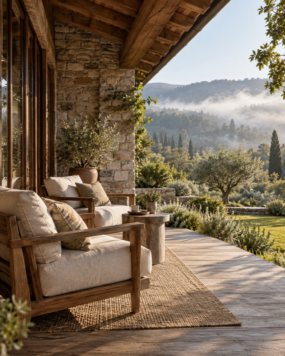 A fictional country lodge terrace overlooking a garden and forested hills