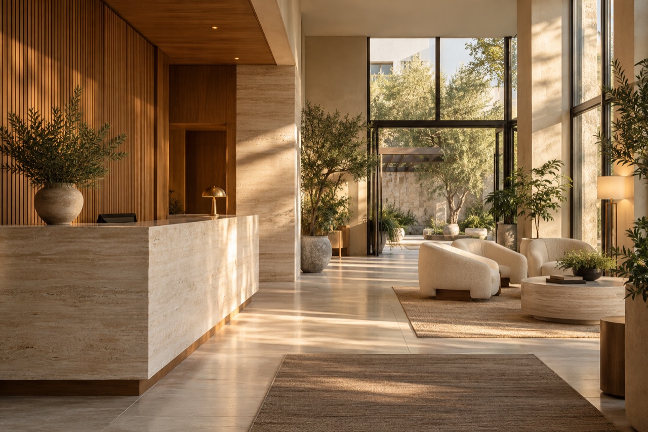 A fictional contemporary boutique hotel reception and lounge