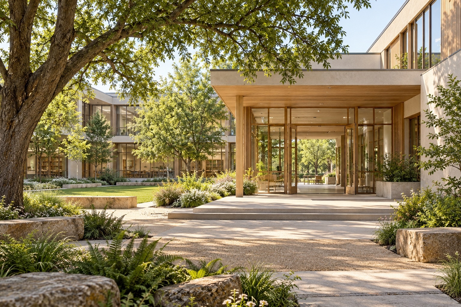 A welcoming contemporary school campus in natural daylight