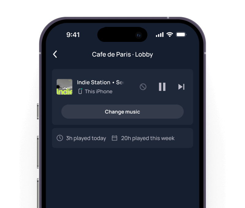 Moodby app playing music for the Cafe de Paris lobby