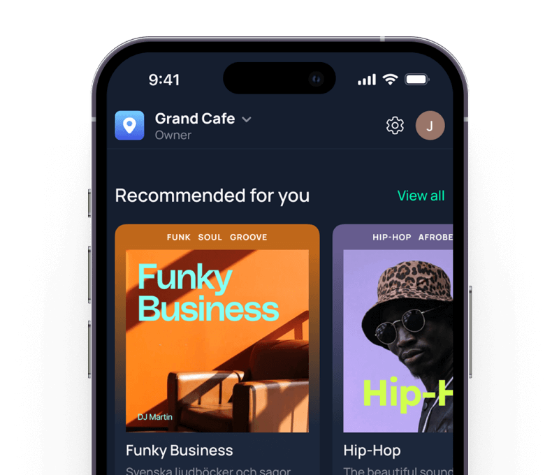 App de Moodby mostrando estaciones recomendadas para una cafetería