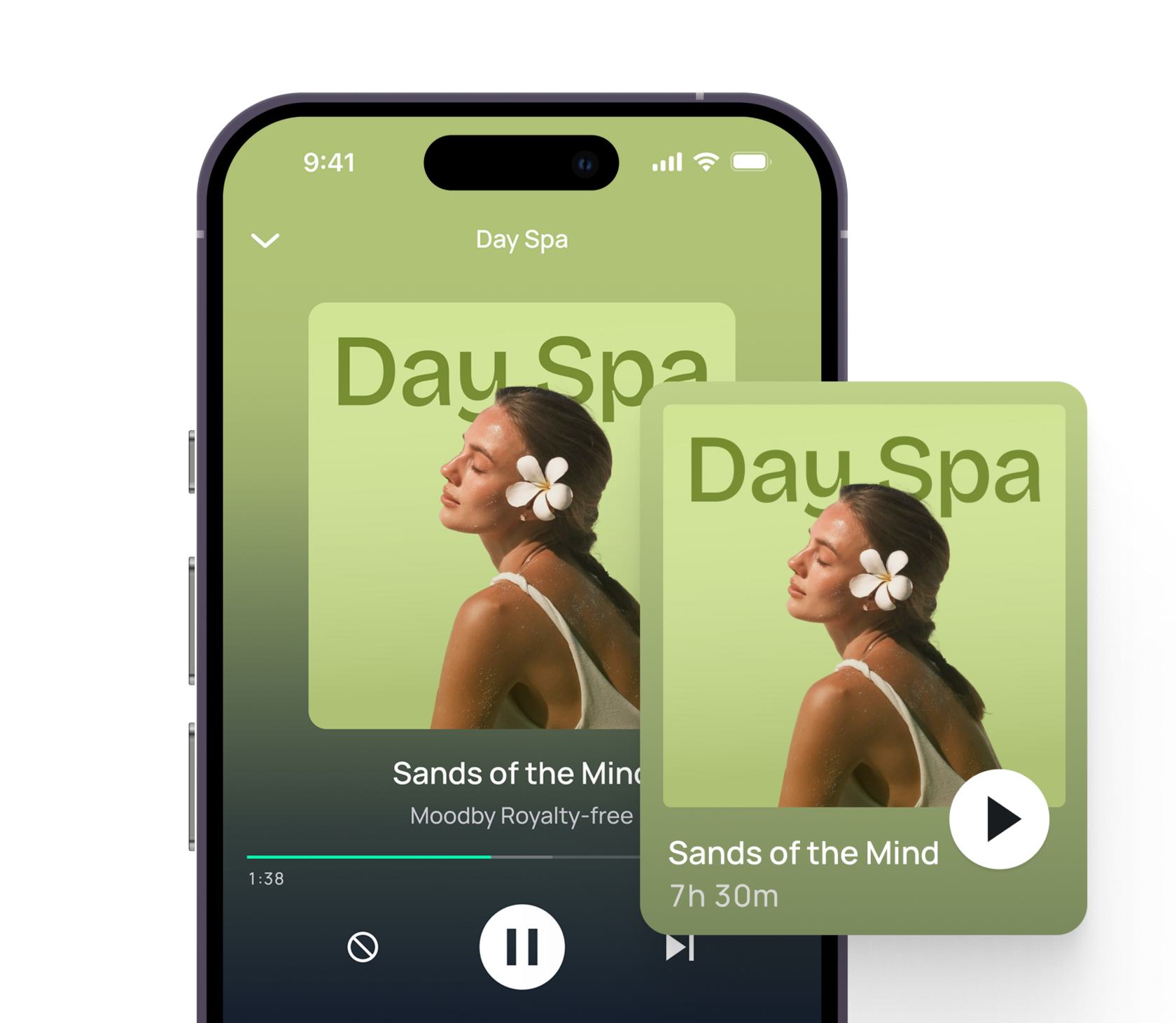Moodby spa player running on iPhone, now playing the Day Spa station